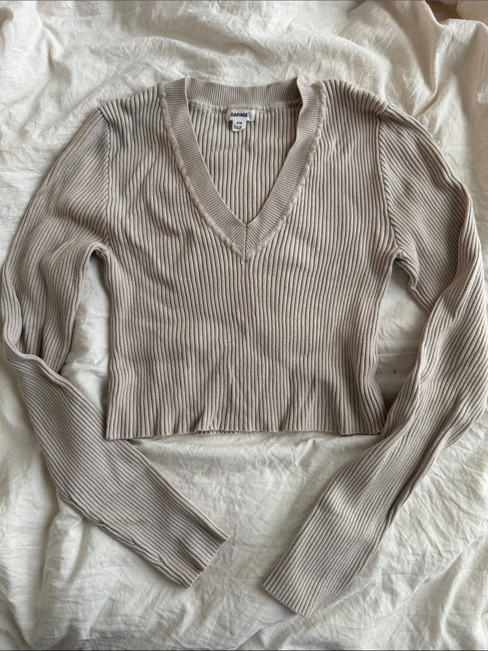 Garage Ribbed V-Neck Long Sleeve Crop Top Beige Small